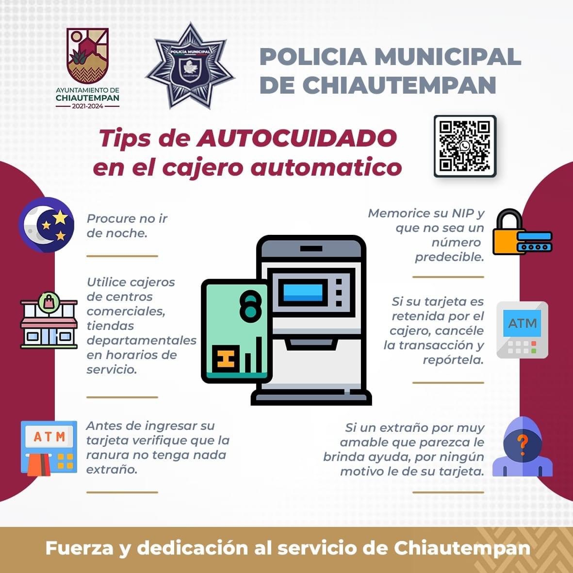 Emite Policía Municipal de Chiautempan recomendaciones de autocuidado en cajeros automáticos